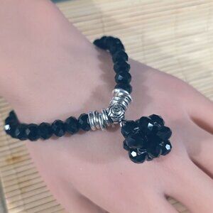 Artisan Jet Black Faceted Crystal Beads and Bauble Pendant Stretch Bracelet